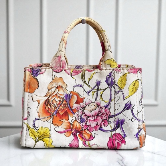 Prada Fairy Stampata Multicolor & White Canapa PM Two Way Tote Bag - Picture 1 of 16